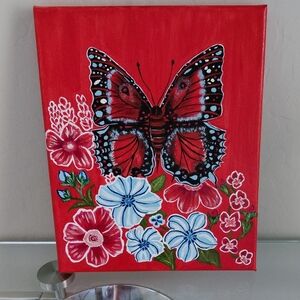 Red Canvas with Butterfly and Floral Design